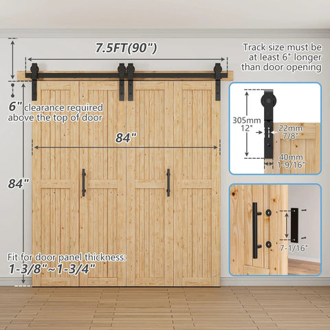 Workhorse Spruce Wood Bifold Barn Door Kit Includes 90 Inch Track Assembly Free Double Door Panels 84X84 Inches For Closets Built Tough Zero Fuss Setup dimensions and installation guide