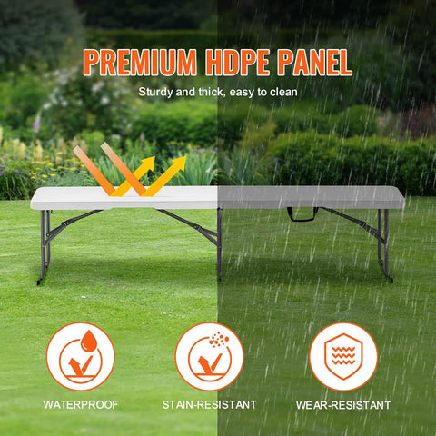 Six Foot Plastic Folding Bench Set With Handles, showcasing waterproof, stain-resistant, wear-resistant HDPE panels outdoors.