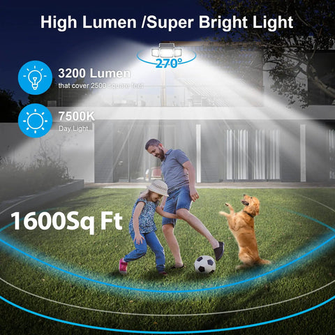 Motion Sensor Solar Outdoor Lights Three Head Flood Lamps Waterproof IP65 3200LM Brightness 7500K Security Flood Light Outdoor Lighting 2 Pack