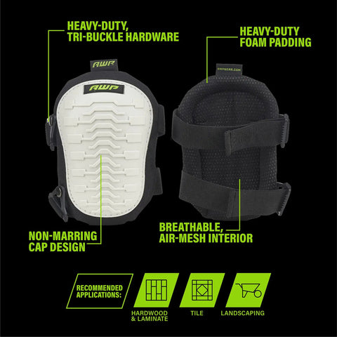 Non Marring Knee Pads With Heavy Duty Foam Padding For Sub Floor Underlayment And Tile Breathable Air Mesh Interior, front and back view