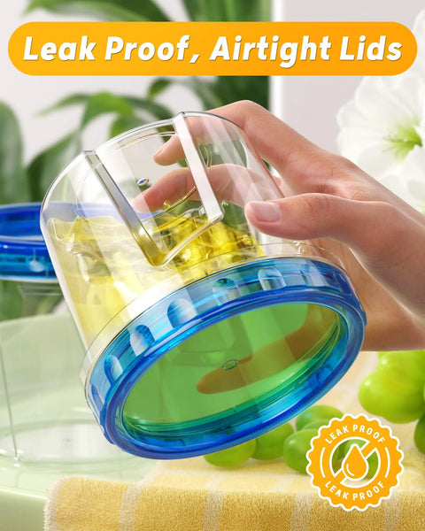 Hand holding BPA-free 24 oz food storage container with blue twist top lid, leakproof and reusable, showing airtight seal.