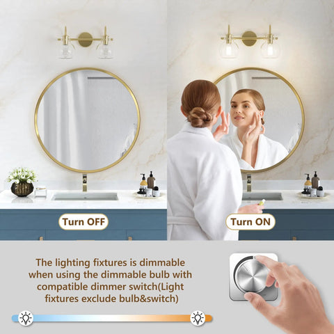Two-Light Gold Bathroom Vanity Light Fixture With Clear Globe Shades turned on and off over mirror