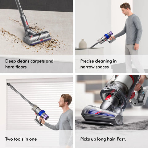 Man using V15 Detect Pro Cordless Vacuum Cleaner With Smart Debris Sensing And Power Trigger on different surfaces.