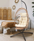 Hanging Egg Chair With Stand And Footrest For Indoor Outdoor Use, Chill Wicker Swing Chair With Aluminum Steel Frame And UV Resistant Cushion, Patio Lounge Hammock Chair, Supports Up To 370 Lbs, Beige