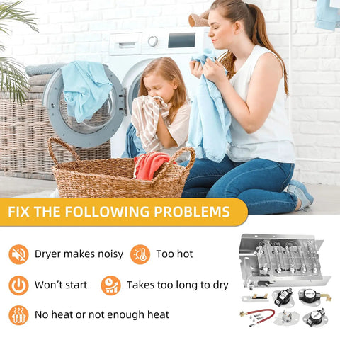 Dryer Heating Element Replacement Kit With Thermal Fuse, Cutoff, And Thermostats For Whirlpool Maytag Centennial Kenmore 70 80 Series Amana Dryers 3403585 8565582 110 Model No Brainer Install product with dryer and laundry scene.