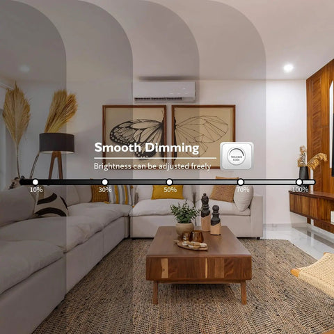 Living room with 4 Inch Adjustable LED Can Light Retrofit Kit showing dimmable feature from 10% to 100% brightness.