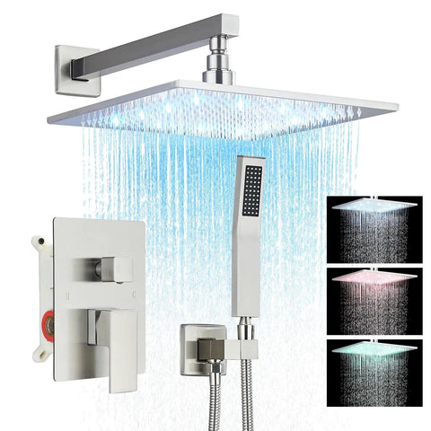 Matte Black Shower Faucet Set With Rain Shower System And 12 Inch LED Square Shower Head Easy Install Durable Mixer Fully Adjustable Water Flow Luxury Bath Upgrade