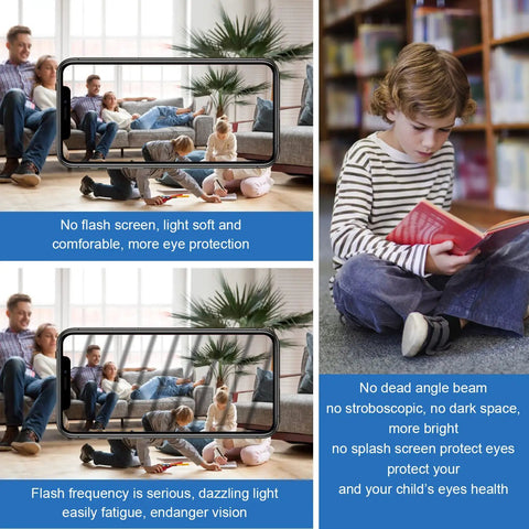 Family relaxing with no flash screen, child reading with eye protection messages displayed.