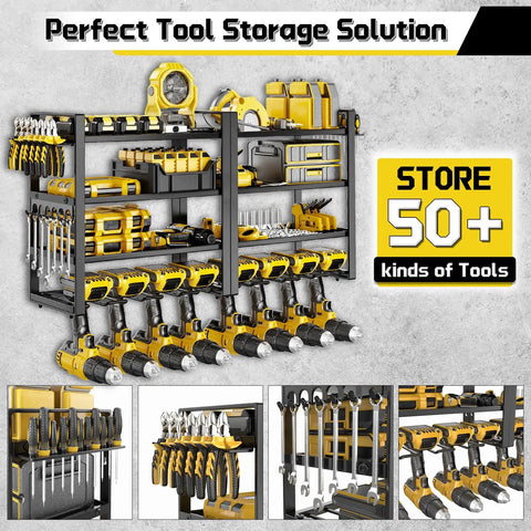 Heavy Duty Power Tool Organizer Wall Mount For Garage With 8 Cordless Drill Holders 4 Tier Metal Shelf For Battery Storage
