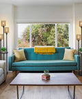 Boho Floor Lamp With Shelves And Three Lights beside sofa in living room, rattan shades, farmhouse tall rustic standing lamp, cozy vibe