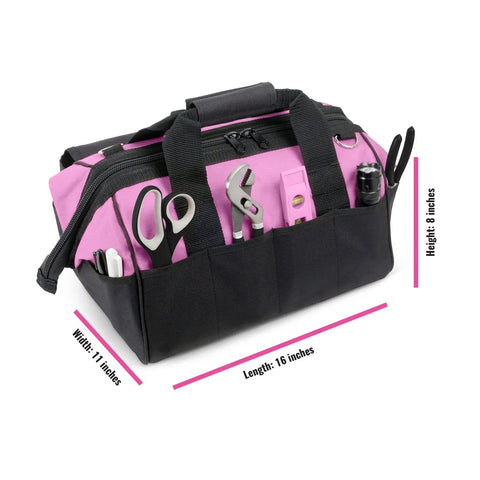16 Inch Ladies Tool Tote With 22 Pockets Lightweight Nylon Tool Bag For Women Zippered Caddy Organizer, pink with tools inside