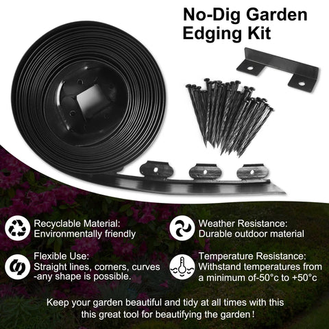 No Dig Landscape Edging Kit 4 Inch Tall 33 Ft With 30 Spikes Flexible Garden Border materials and components displayed