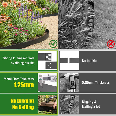 Comparison of metal garden edging features with focus on thickness and installation benefits, Metal Garden Edging For Landscaping 33 Ft Pack With Wrench And Gloves Included Easy Install Borders For Yard Pathways And Flower Beds Black 10 Pack Durable Steel Edging For Clean Low Maintenance Lawn And Garden Borders.