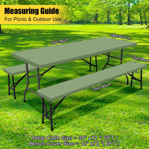 Waterproof Picnic Table Cover With Bench Covers For 6 Ft Rectangular Tables, Elastic Fitted in Sage Green, 30x72 inches outdoors