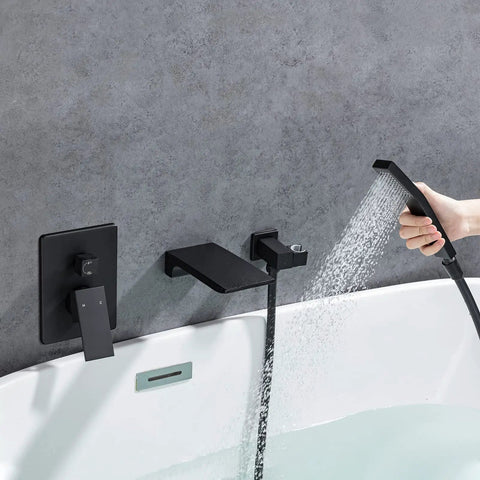 Roman Tub Filler Faucet With Waterfall Spout, wall mounted with single handle and handheld shower, matte black set in use