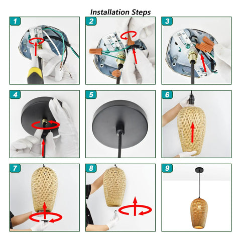 Installation steps for Hand Woven Bamboo Rattan Pendant Light with Natural Finish, Double Layer Dome Shade for Cozy Boho Vibe