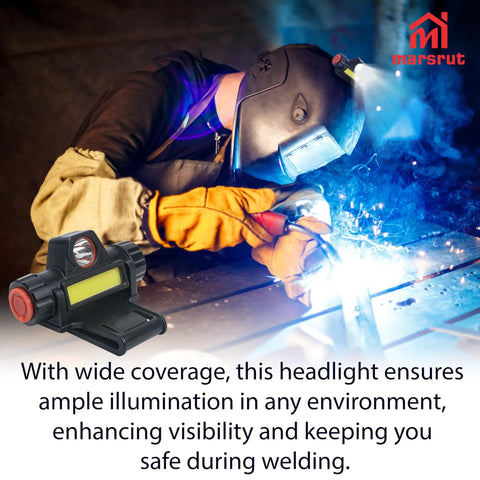 Welder using Dual LED Welding Headlamp Mount for helmets with adjustable brightness and USB cables, hands-free illumination.