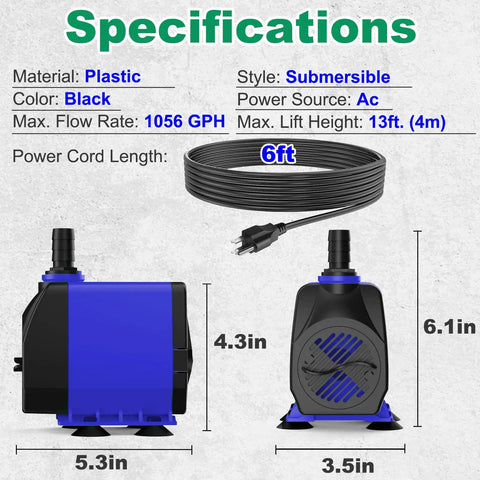 Side and front view of Ultra Quiet Submersible Pump 1056 GPH with Overheat Protection 85W, 9.8ft power cord, black and blue design