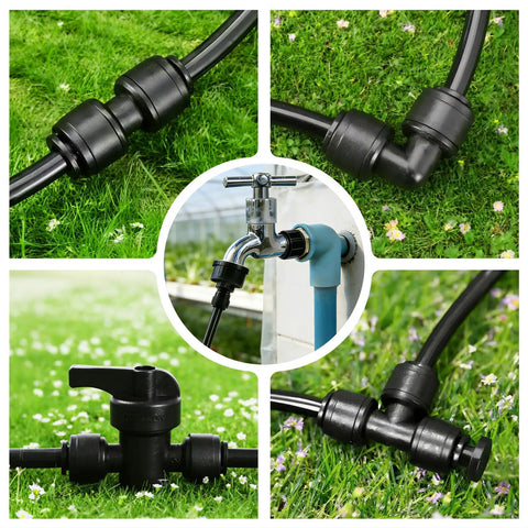 47 Pack Quick Connect 1/4 Inch Drip Irrigation Fittings Kit with valves, tees, couplings, fitted on lawn with grass.