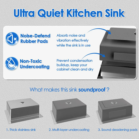 Image showing features of Undermount Single Bowl Kitchen Sink 18 Gauge 304 Stainless Steel Bar Prep with quiet sound dampening.