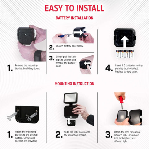 Installation guide for Two Pack Wireless Battery Operated LED Flood Lights With Motion Sensor, showcasing setup steps.