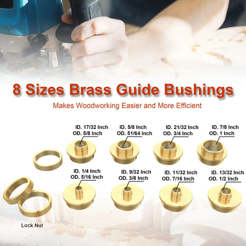 Brass router template guide bushings set, 13 pcs with center cone and carrying case, Porter-Cable style compatible