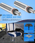 Two Pack Three Quarter Inch Boat Seat Pin Post For Pontoon And Bass Boats, Lock In Aluminum Extension Pole, Eleven Inch Height, Two aluminum posts with labels, one mounted on pontoon boat seat, pin type bases and mounts visible.