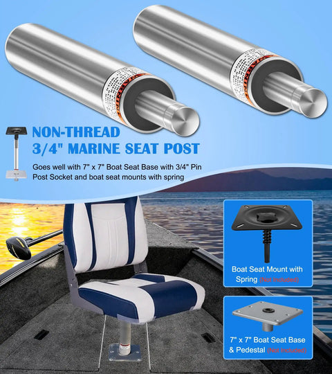 Two Pack Three Quarter Inch Boat Seat Pin Post For Pontoon And Bass Boats, Lock In Aluminum Extension Pole, Eleven Inch Height, Two aluminum posts with labels, one mounted on pontoon boat seat, pin type bases and mounts visible.