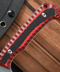 Close-up of Fixed Blade Knife With VG10 Steel, Two Tone G10 Handle, and Kydex sheath, outdoor camping gear.