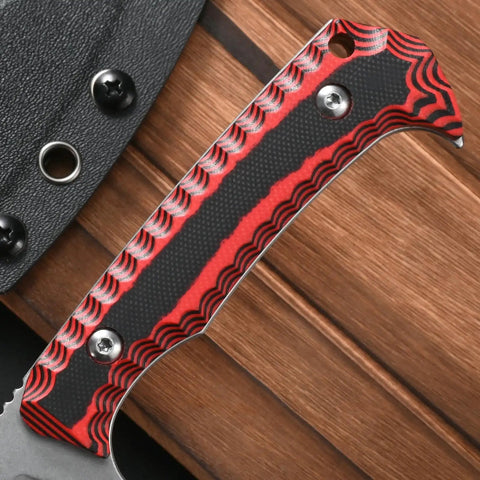 Close-up of Fixed Blade Knife With VG10 Steel, Two Tone G10 Handle, and Kydex sheath, outdoor camping gear.