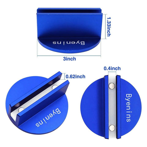 Universal Aluminum Slotted Grooved Magnetic Jack Pad With Frame Rail Protection for cars, SUVs, trucks, and pickups shown in blue