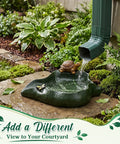 Totally Slick Leaf Shaped Splash Block With Turtle Sculpture, green resin leaf diverter with water flow, 12x11 inches