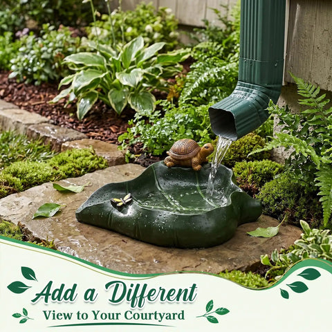 Totally Slick Leaf Shaped Splash Block With Turtle Sculpture, green resin leaf diverter with water flow, 12x11 inches