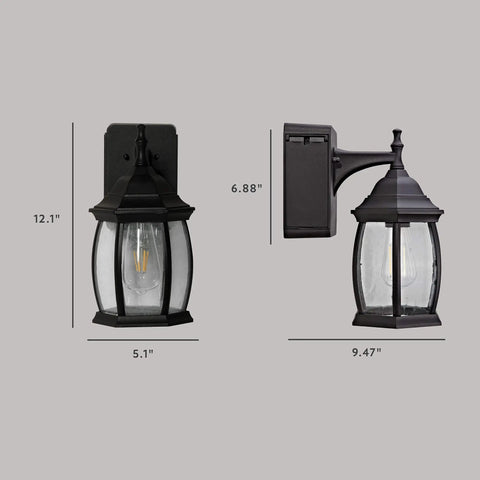 Dimensions of Traditional Outdoor Wall Sconce With Seeded Glass And Two Built In GFCI Outlets For Easy Access Power Black Finish Weather Resistant Porch Lighting For Patio Or Garden.