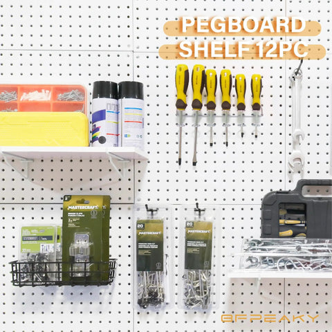 4 Piece Pegboard Shelf Set For Quarter Inch Metal Pegboards Wood Shelves with tools and accessories displayed.
