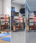 Heavy Duty Rolling Storage Rack And Athletic Gear Cart With Mesh Shelves Iron Frame For Gym Basement Garage Setup with sports equipment.