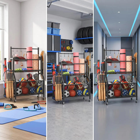 Heavy Duty Rolling Storage Rack And Athletic Gear Cart With Mesh Shelves Iron Frame For Gym Basement Garage Setup with sports equipment.