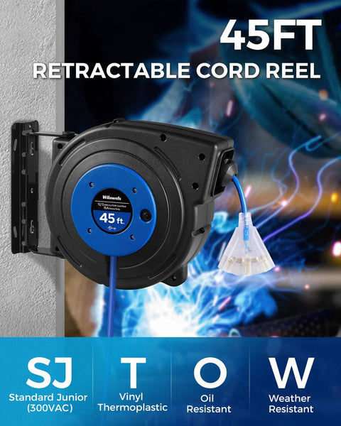 Retractable Extension Cord Reel With 45 Ft 12 Gauge SJTOW Cord 3 Grounded Outlets Lighted Triple Tap 15 Amp Circuit Breaker UL Listed