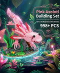 Pink Axolotl Building Block Set 998 Pieces model in natural habitat setting with labeled box, 1:1 scale amphibian kit for adults and teens.