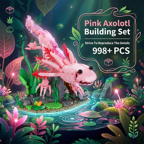 Pink Axolotl Building Block Set 998 Pieces model in natural habitat setting with labeled box, 1:1 scale amphibian kit for adults and teens.