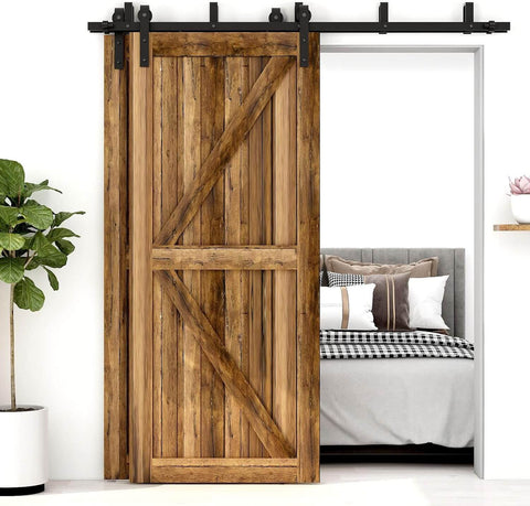 Space Saving Bypass Sliding Barn Door Hardware Kit With Double Track For Low Ceiling Heavy Duty Smooth Glide For Double Wooden Doors Easy Install Carbon Steel Hangers Aluminum Rails And POM Wheels Built To Last. Feature image showing installed wooden doors in a bedroom.