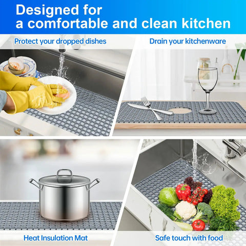 Silicone Sink Mat 24.6 By 13 Inches No Slip Heat Resistant Kitchen Sink Protector For Stainless Steel Sinks Center Drain Grey 1 Pack