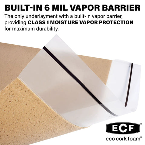 Pro Grade Cork Foam Floor Underlayment Roll With 250 Square Feet Of Coverage And Built In Vapor Shield showing 6 mil vapor barrier detail.