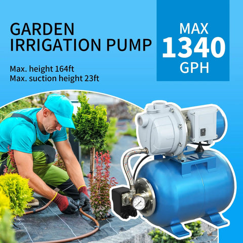 Powerful 1.5HP Shallow Well Pump With Pressure Tank For Home Garden Lawn Farm Irrigation, Automatic 1340GPH Water Booster.