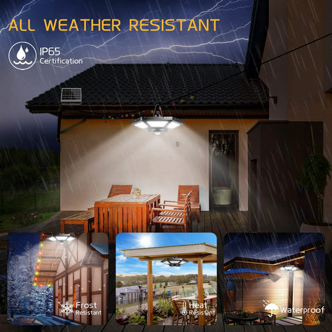 Solar Shed Light Outdoor Pendant With 180 LED 1000 Lumen Brightness Motion Sensor And Remote Control For Shed Barn Garage Gazebo Indoor Outdoor Weatherproof Aluminum Panel illuminating patio.