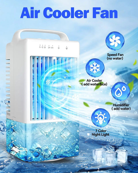4 In 1 Mini Air Conditioner Fan And Evaporative Cooler with handle, showcasing features; fan, humidifier, LED lights, compact design