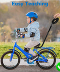 Child riding bike with Kids Bike Safety Trainer Handle And Balance Push Bar For Learning To Ride, black finish.