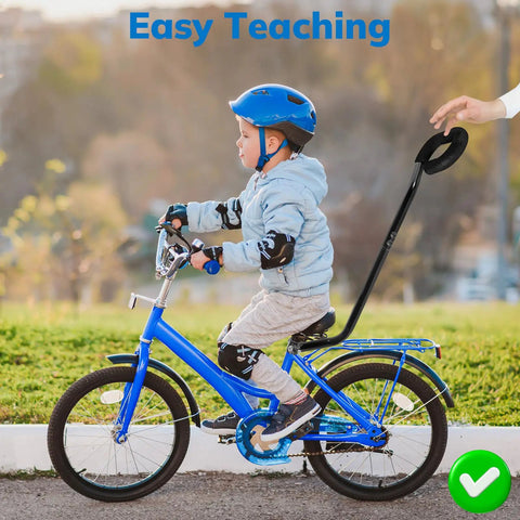 Child riding bike with Kids Bike Safety Trainer Handle And Balance Push Bar For Learning To Ride, black finish.