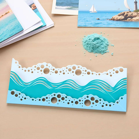Beach Wave Metal Cutting Dies Set For Scrapbooking And Card Making displayed on a desk with beach-themed craft supplies