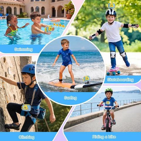 Children using Pool Toy And Underwater Camera For Kids 99ft Waterproof Action Camera With 1080P Video And 20MP Photos Flip Lens Includes 32GB Card For Diving Swimming Beach Snorkeling A Fun Birthday Gift For Boys while swimming, skateboarding, climbing, riding a bike, and surfing.